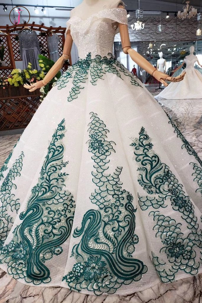 New Arrival Ball Gown Off the Shoulder Prom Dress with Green Appliques ...