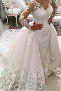 Gorgeous Ivory V-Neck Long Sleeves Appliques Watteau Train Wedding Dress KPW0175