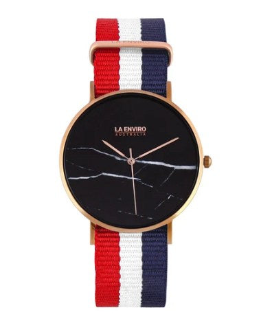ROSE GOLD WITH RED, BLUE & WHITE NATO STRAP