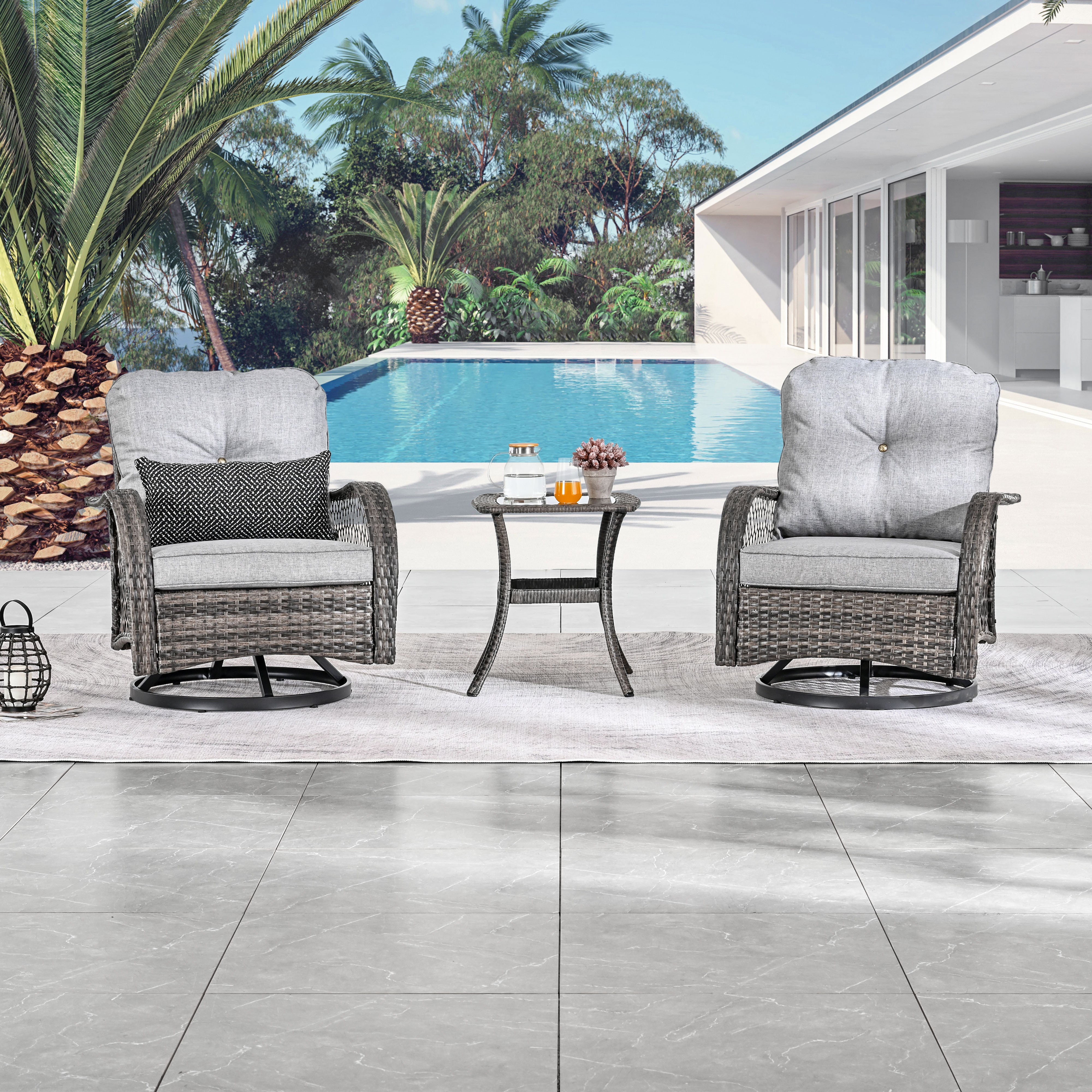 Elegant 3-Piece Outdoor Bistro Set with PE Wicker 360° Swivel Chairs and Tempered Glass Table - Grey Cushions