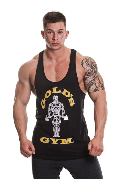 Bodybuilder wearing Gold's Gym Stringer vest