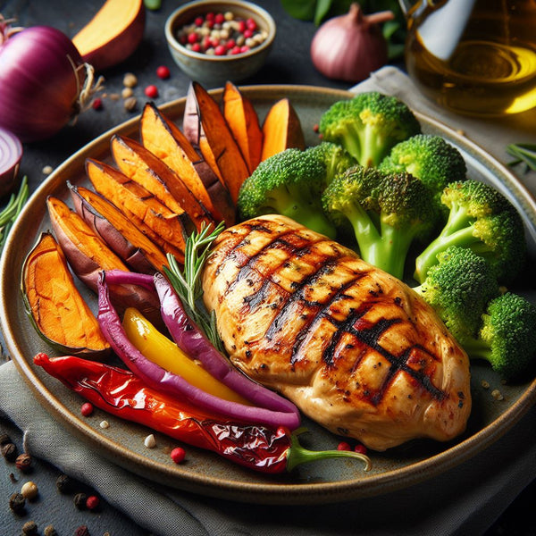 Baked sweet potato with chicken breast and mixed vegetables