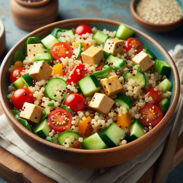Quinoa salad with tofu and vegetables - pre workout vegan meal