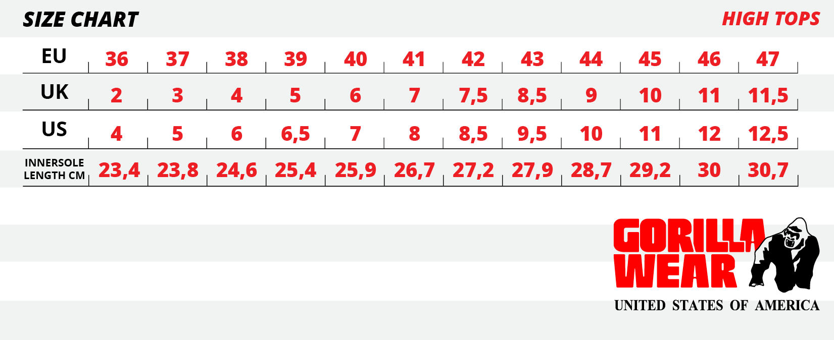Gorilla Wear High Tops Size Guide