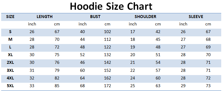 Hoodie Sizing Chart
