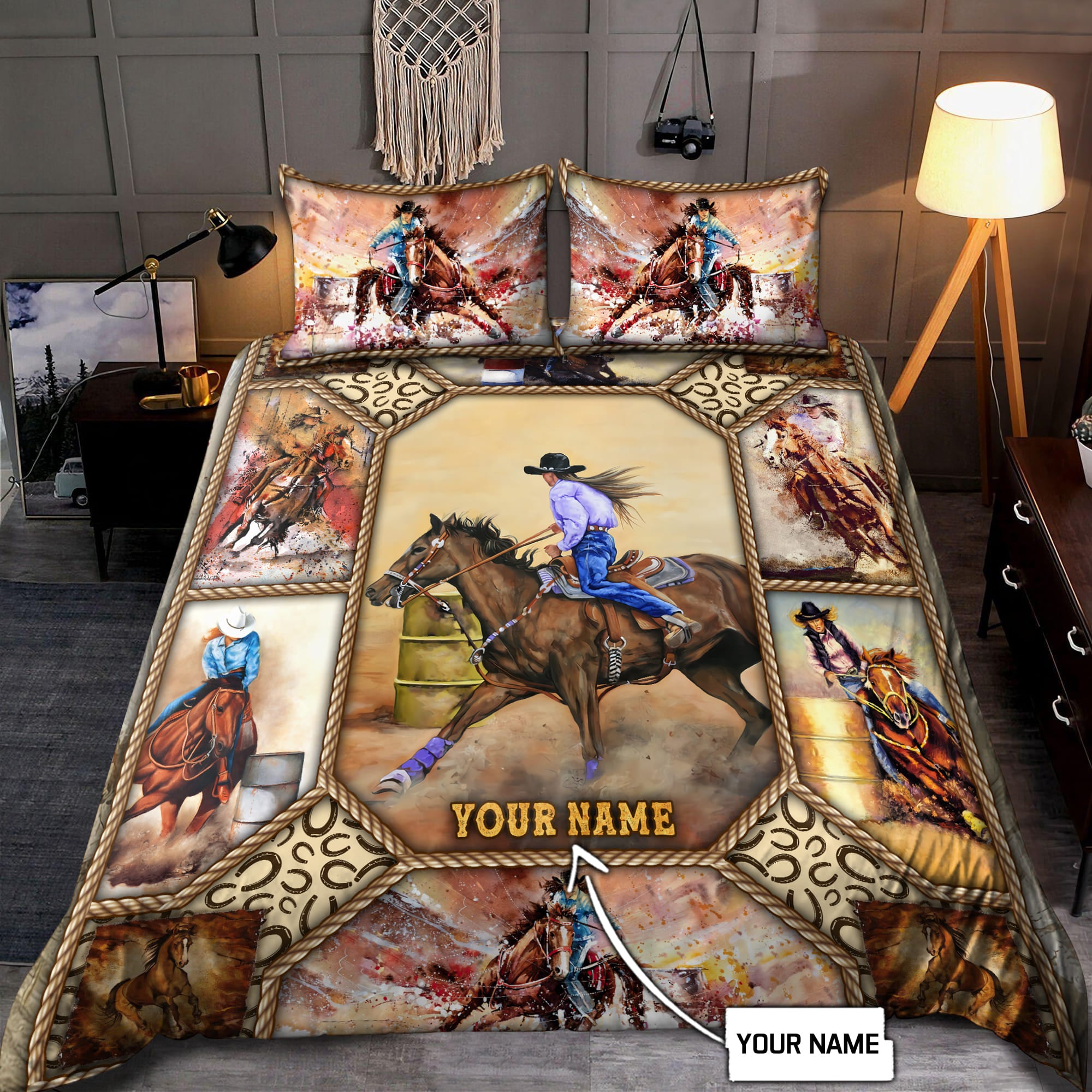 Tmarc Tee Personalized Name Barrel Racing Art Bedding Set