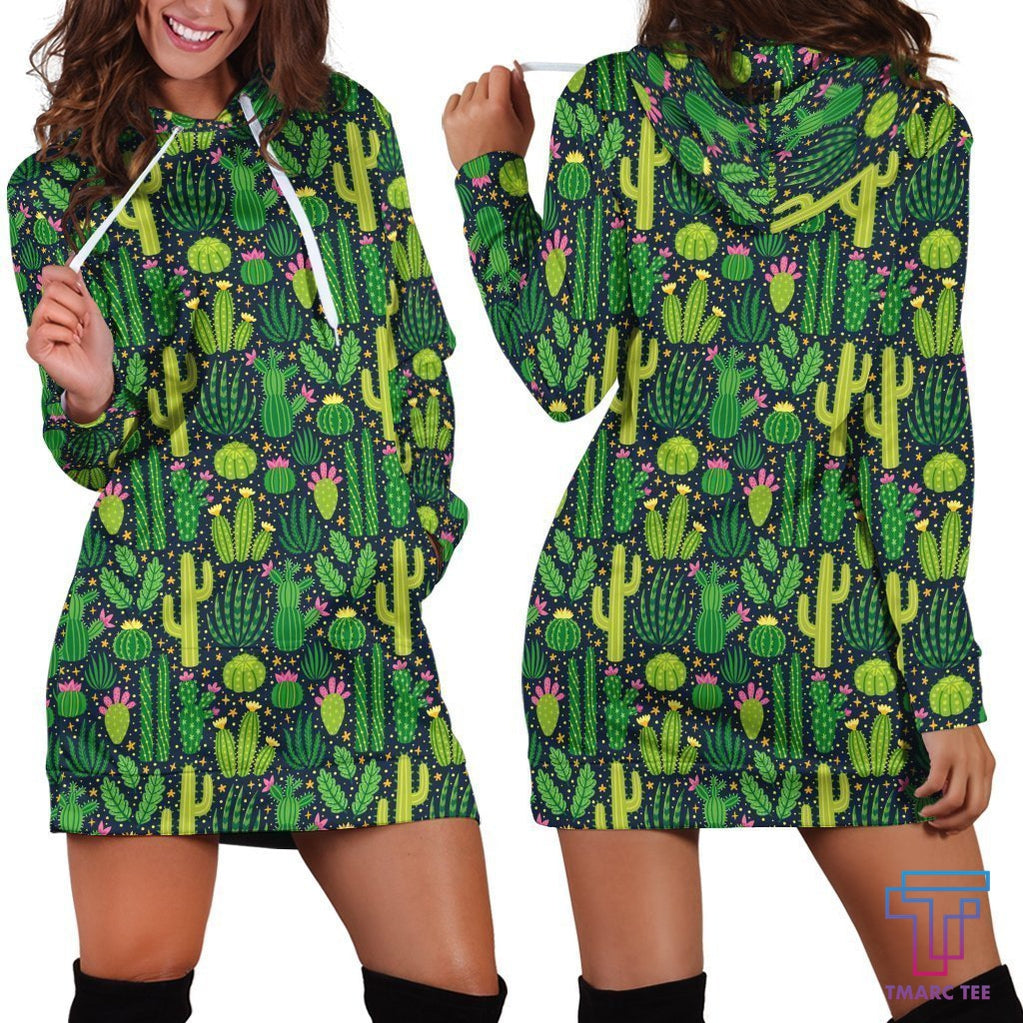 All Over Printing Green Cactus Have Flower Hoodie Dress - Amaze Style™-Apparel
