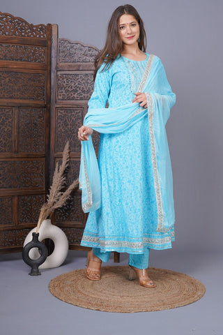 Women Blue Printed Kurta Set with Dupatta 100% Quality