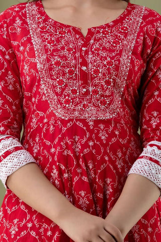 Red and Yellow  Printed  Embroidered Women  Kurti