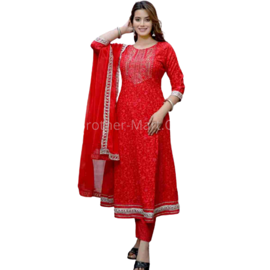 Women Cotton Solid Umbrella Sleeves Gathered Waist Long Umbrella Carrot  Kurta (SK0098,Red)