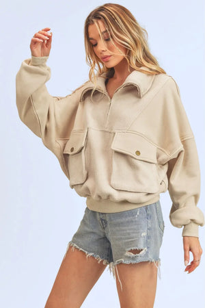 Aemi + Co Exposed Seam Half Zip Sweatshirt with Pockets - Cape Cod Fashionista