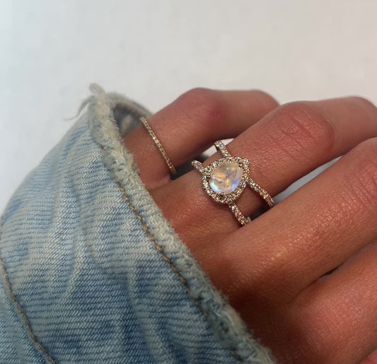 14kt gold and diamond Double Band Moonstone Hex ring