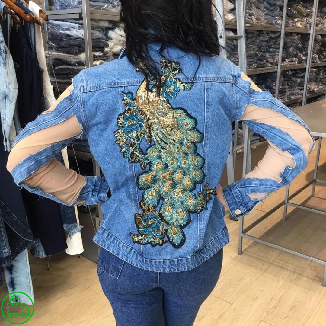 jaqueta jeans com tule bordado