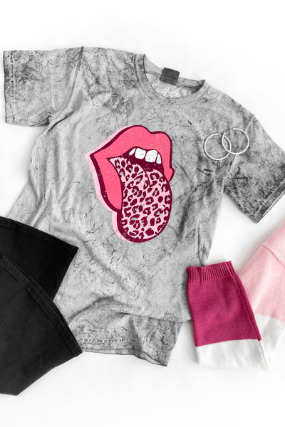 Gray T-Shirt with Hot Pink Mouth and Leopard Tongue Graphic on a White Background