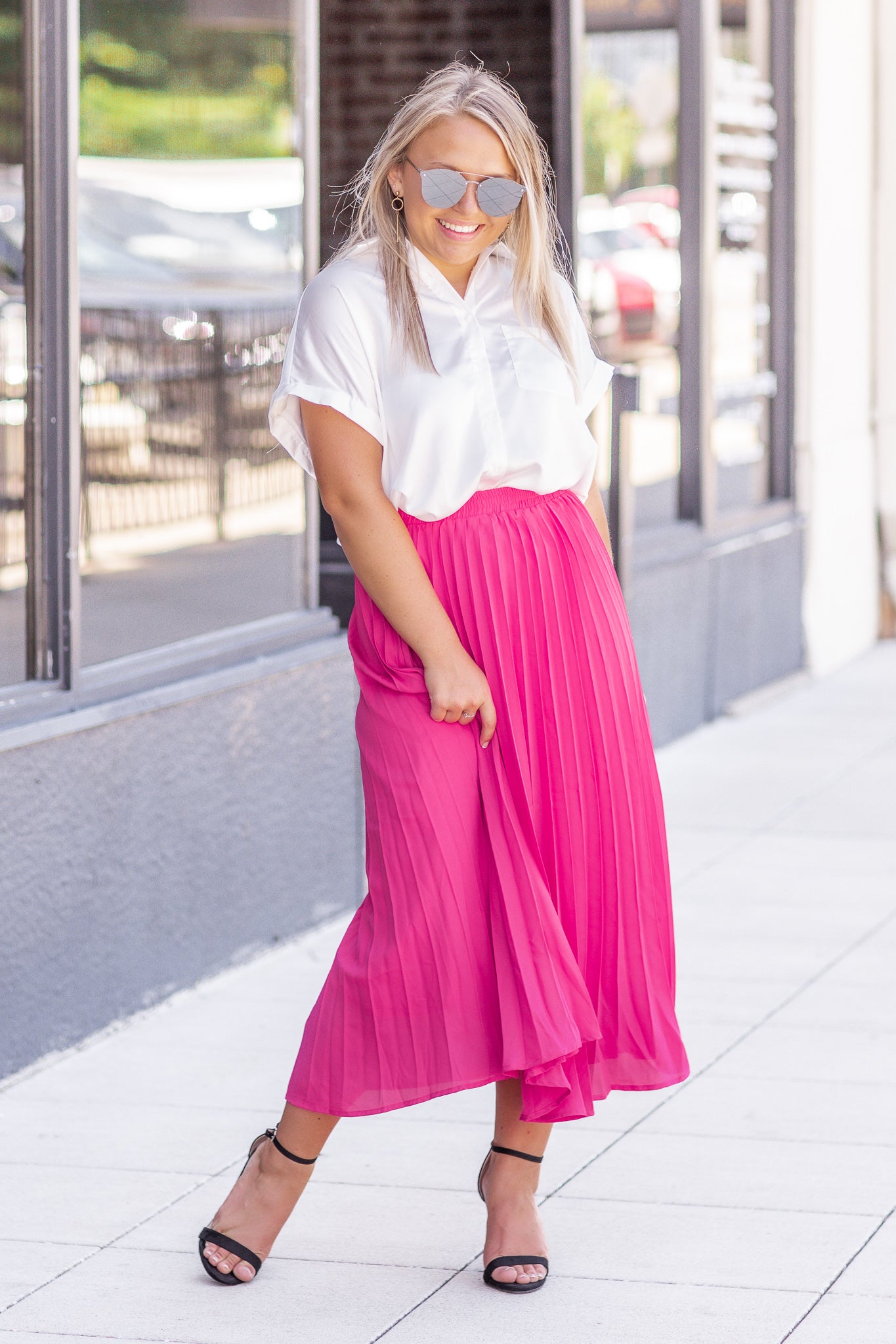 Do No Wrong Pleated Midi Skirt Bright Pink