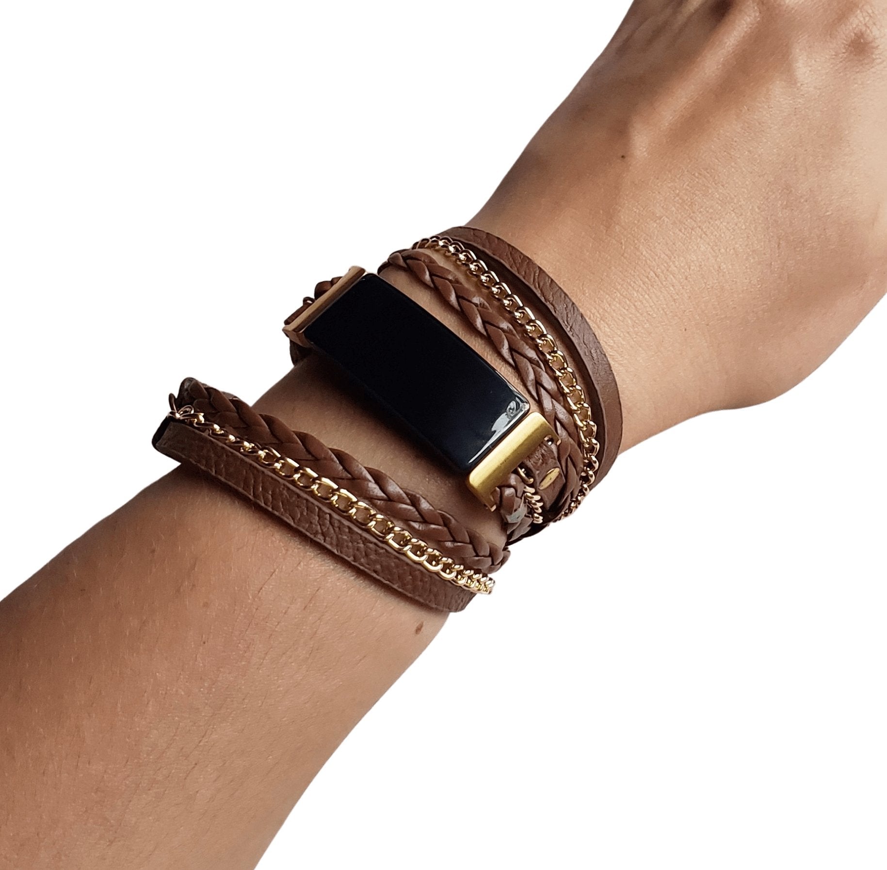 Black Vegan Leather Bracelet Gold Bangle with Lock Charm for Fitbit Luxe