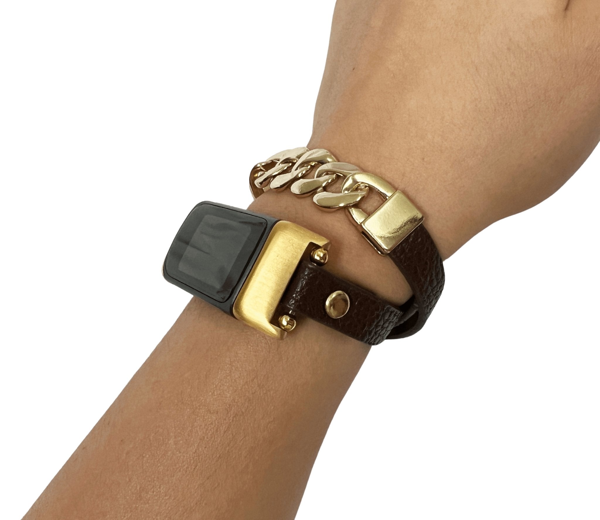 Black Vegan Leather Bracelet Gold Bangle with Lock Charm for Fitbit Luxe