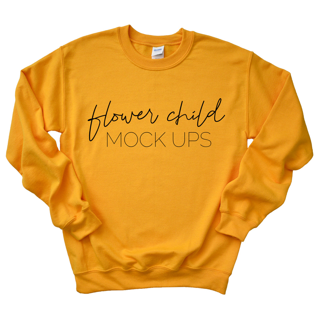 Download Gildan 18000 Gold Sweatshirt Mockup Flower Child Mock Ups