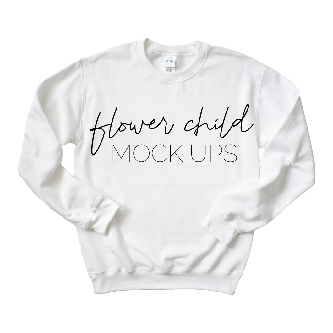 Gildan 18000 White Sweatshirt Mockup Flower Child Mock Ups