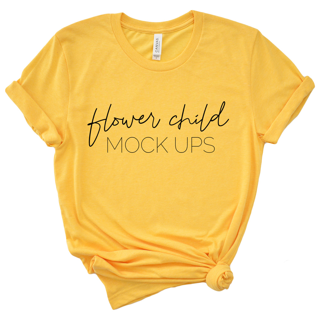 Download Bella Canvas 3001 Heather Yellow Gold Tshirt Mockup Side Knot Flower Child Mock Ups