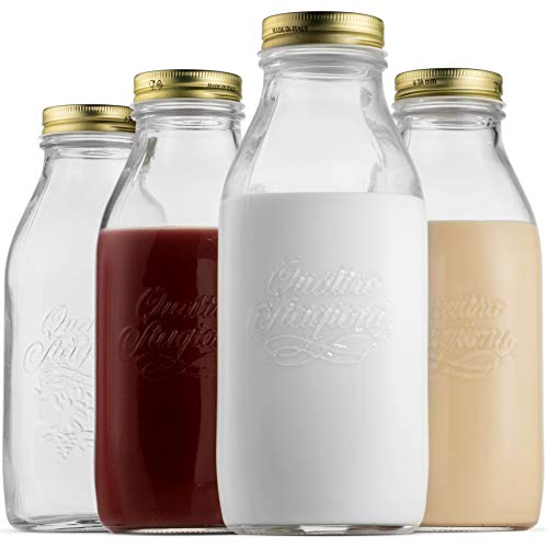 Glass Milk Bottle 33.75 Ounce/1 Liter (4 Pack) with Airtight Lid ...