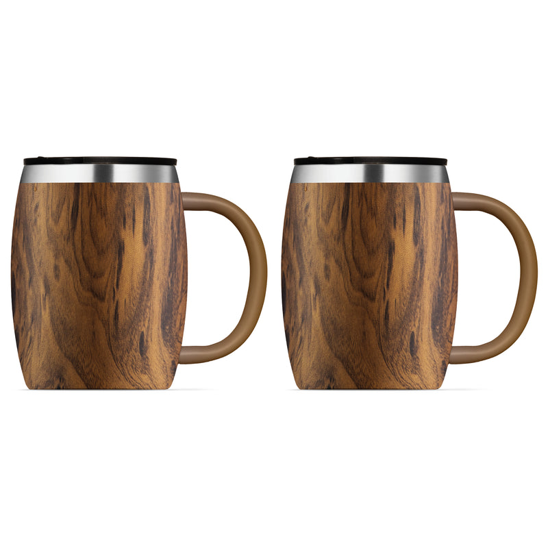 Set of 2 Wooden-Colored Stainless Steel Coffee Mug with Lid and Handle; 14 Oz. Travel Mug Hot ‘n Cold with Leakproof and Lockable Lid. Insulated Tumbler, Coffee, Tea, Hot Chocolate Mug/Travel Drinkware Shatter Proof