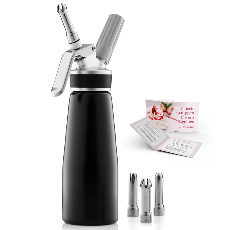 Professional Whipped Cream Dispenser - Highly Durable Aluminum Cream Whipper, 3 Various Stainless Culinary Decorating Nozzles and 1 Brush - Whip Cream Canister with Recipe Guide - Homemade Cream Maker