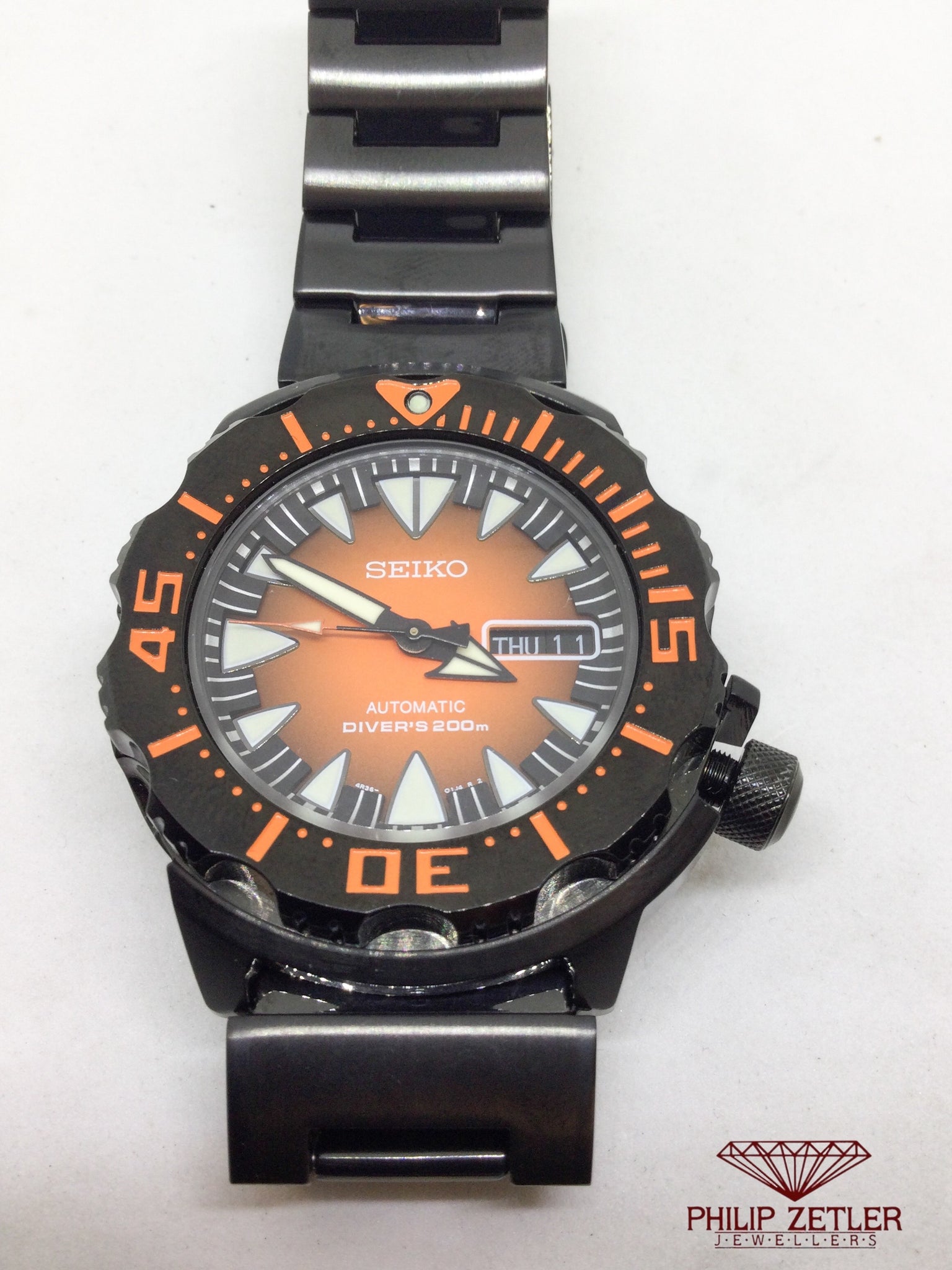 Seiko Divers Automatic Orange Monster Full Metal Bracelet. At Philip Zetler  Jewellers