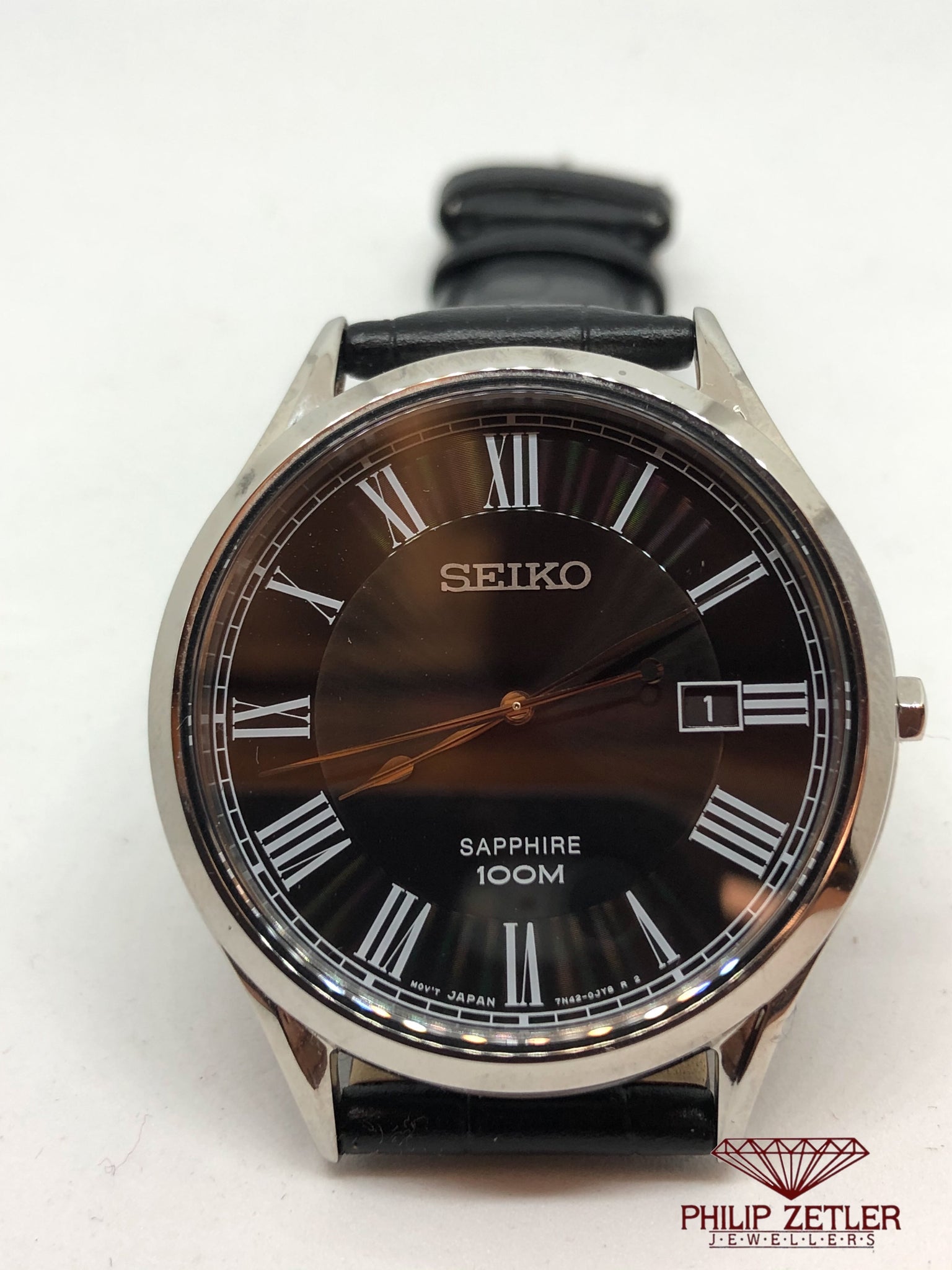 Seiko steel Black Dial Roman Numeral Date Watch 100 m at Philip Zetler  Jewellers