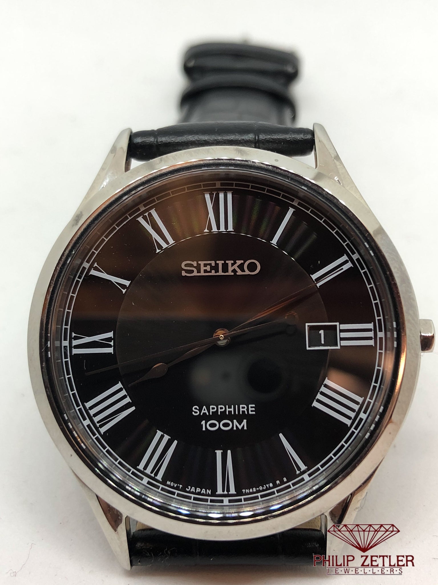 Seiko steel Black Dial Roman Numeral Date Watch 100 m at Philip Zetler  Jewellers