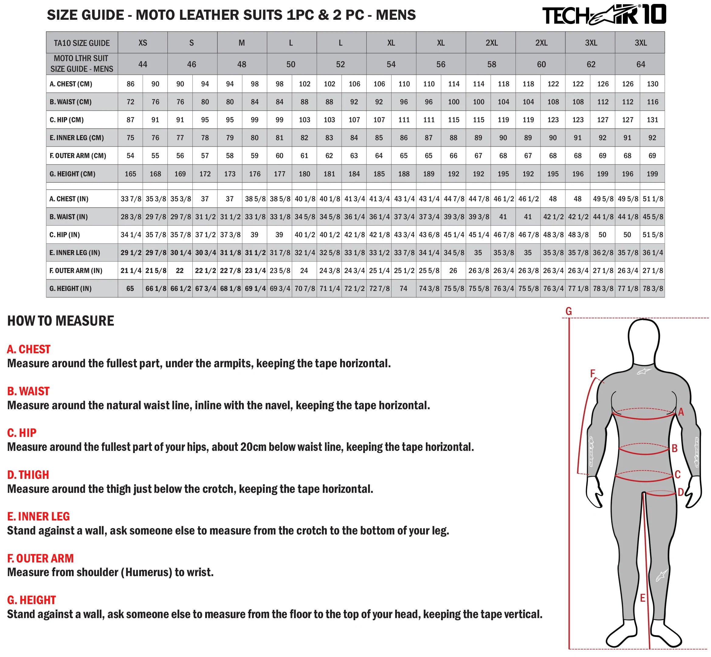 Product sizing chart