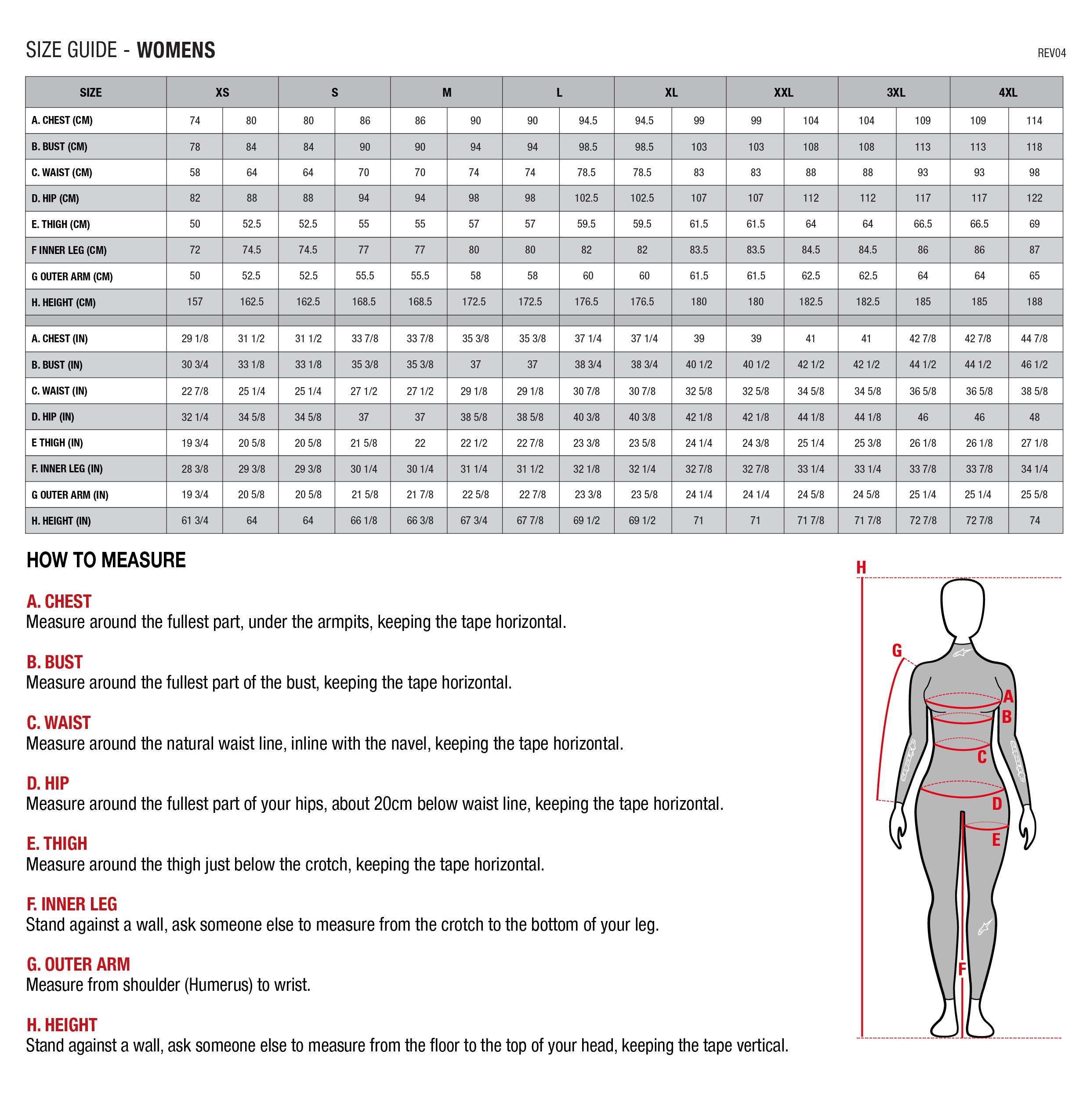 Product sizing chart