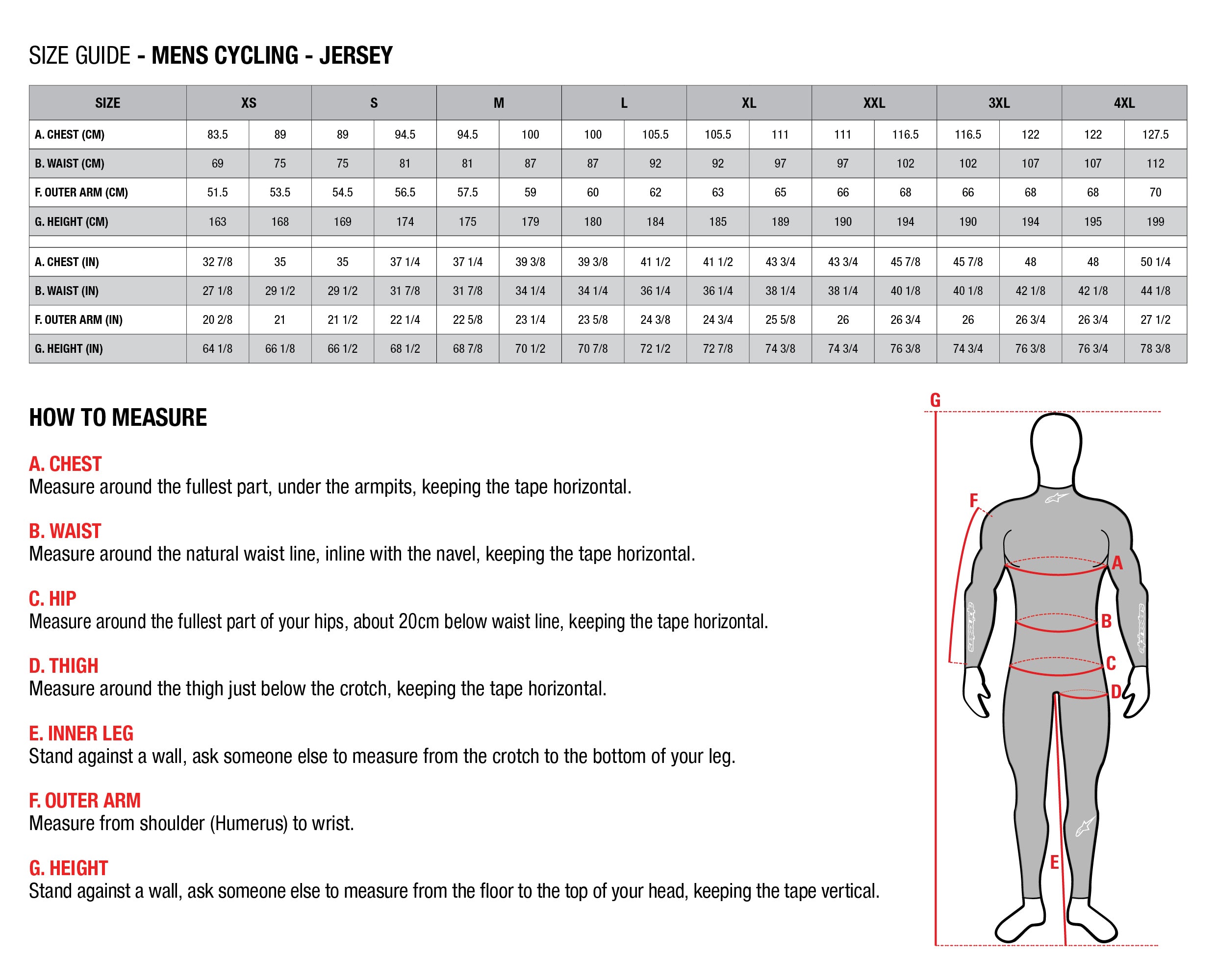 Product sizing chart