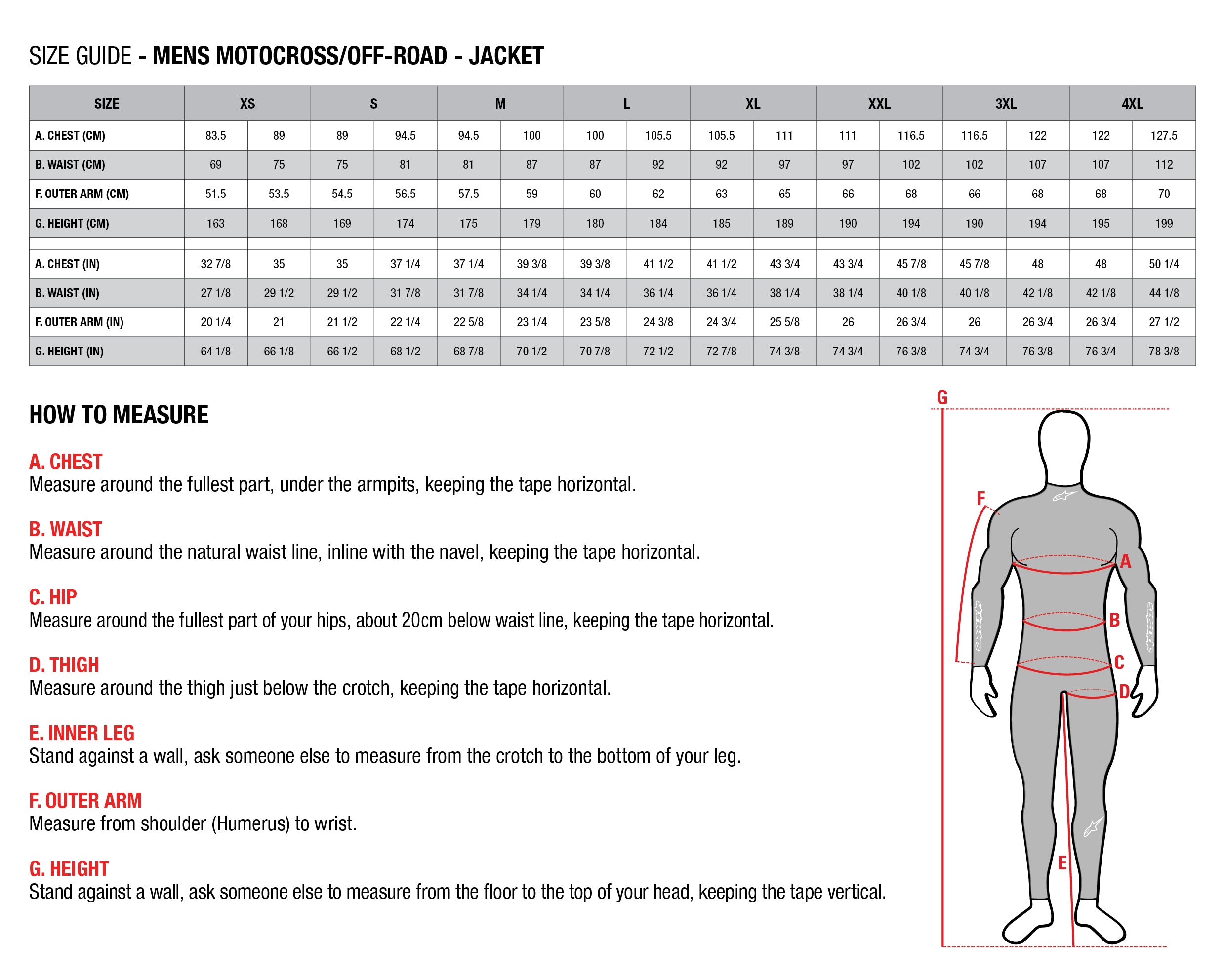 Product sizing chart