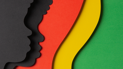 construction paper silouettes of two Black folks with afros in black construction paper. layered ontop of red with smooth wavy lines. ontop of yellow and green.