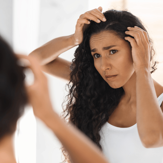 African American girl holding hear hair