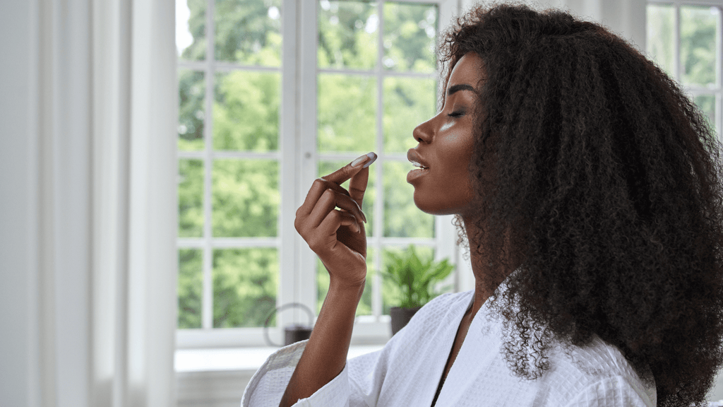 African american woman in a bathrobe taking hair vitamins