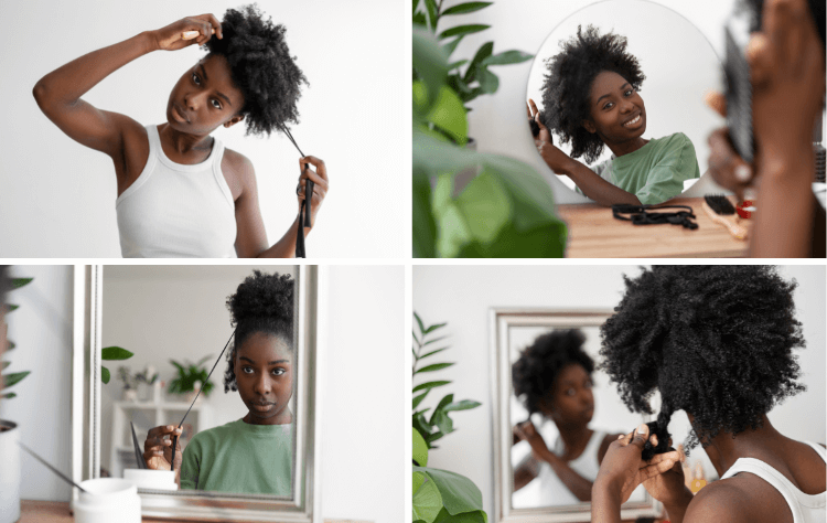 Young black girls fixing curly hair 4 photo collage