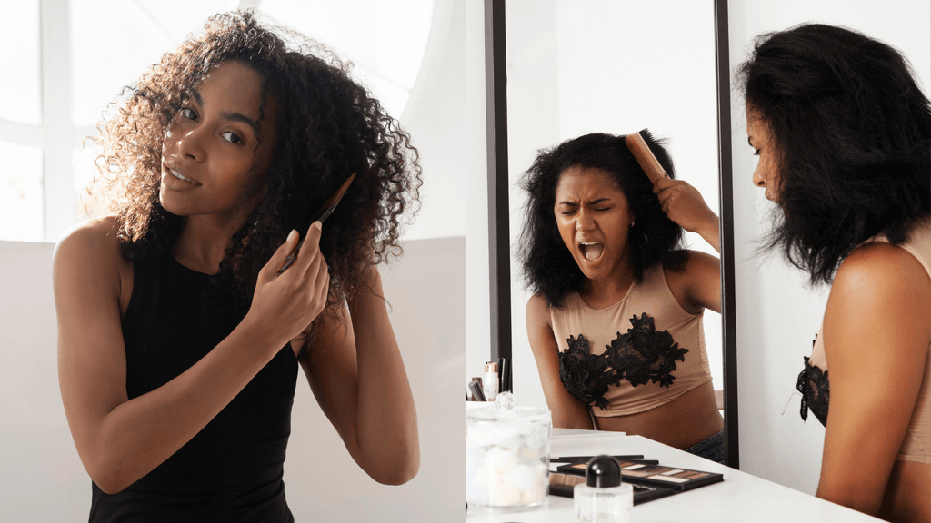 Young curly black woman combing wet hair and black woman have problem with frizz