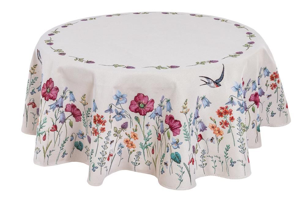 Round Tablecloth with Swallow Birds Colourful Flowers on an Ivory Back –  Maystat