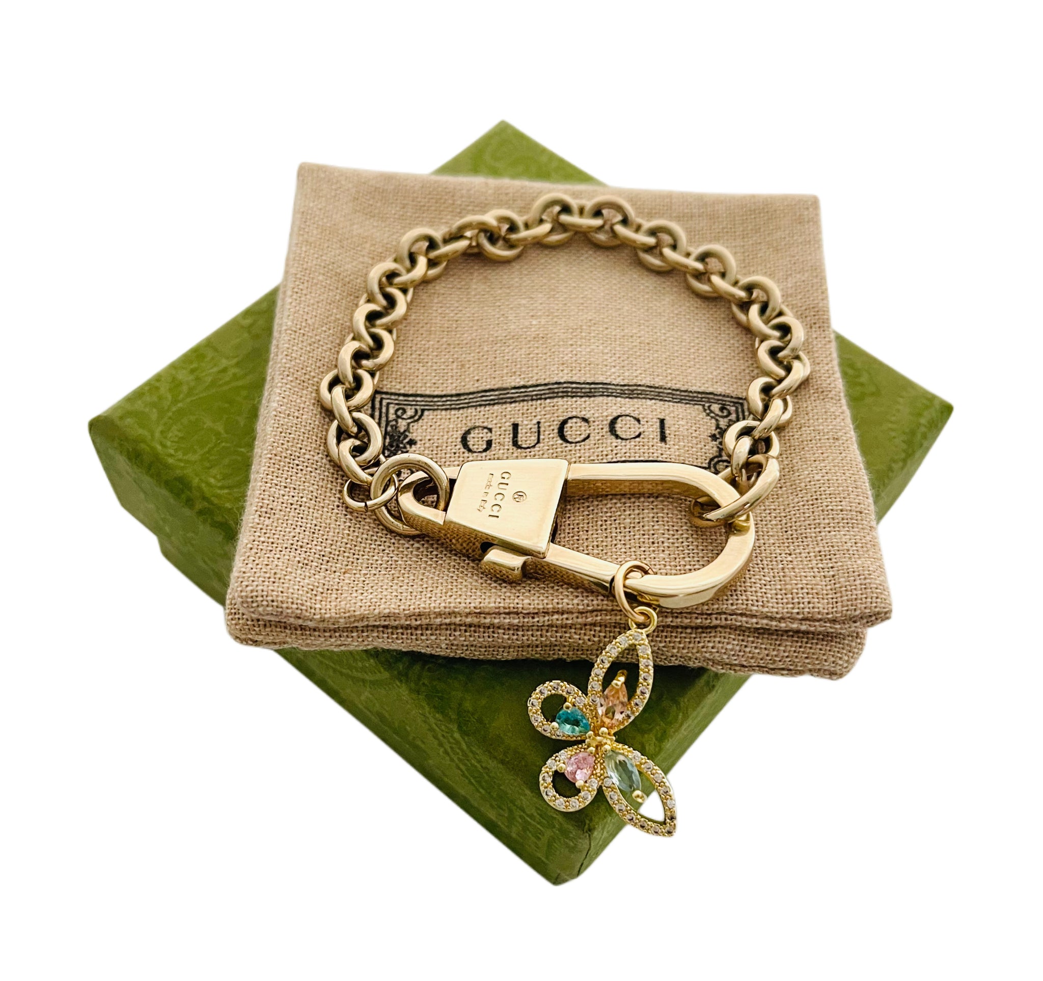Repurposed Gucci Key Clasp & Multicolored Crystal Butterfly Bracelet –  DesignerJewelryCo