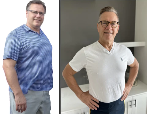 Before and after photo of Ted after losing 60 lbs.