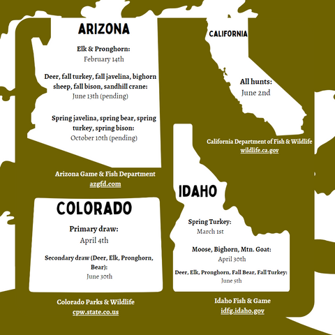 Image of hunt dates for Arizona, California, Colorado, and Idaho hunt dates (scroll to bottom of page for text version).