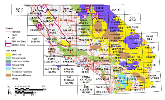 Click on this map to identify and buy the paper maps and map software you need to find deer hunt zones, trails, campgrounds, and fishing access on southern California public lands