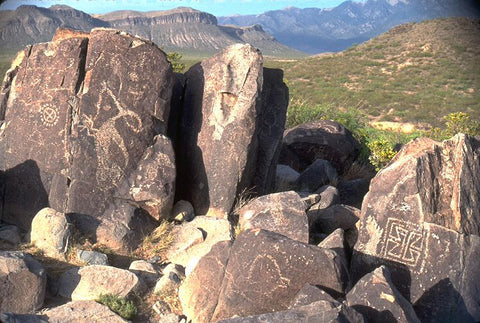 Petroglyphs on rocks at the Three Rivers Petroglyph Site
