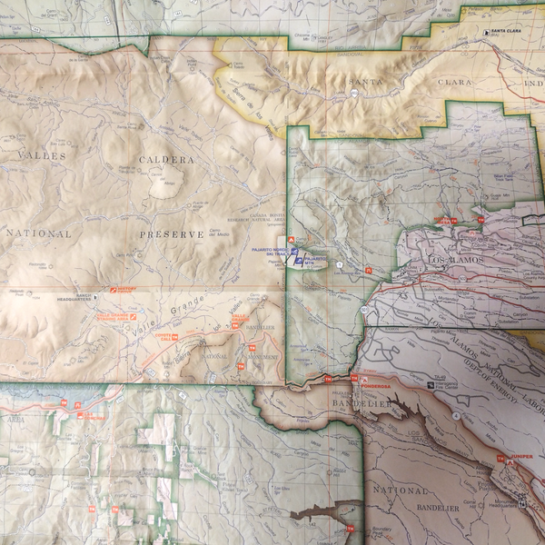 A portion of a map showing Valles Caldera National Preserve, Bandelier national Monument, Santa Fe National Forest, and Los Alamos.