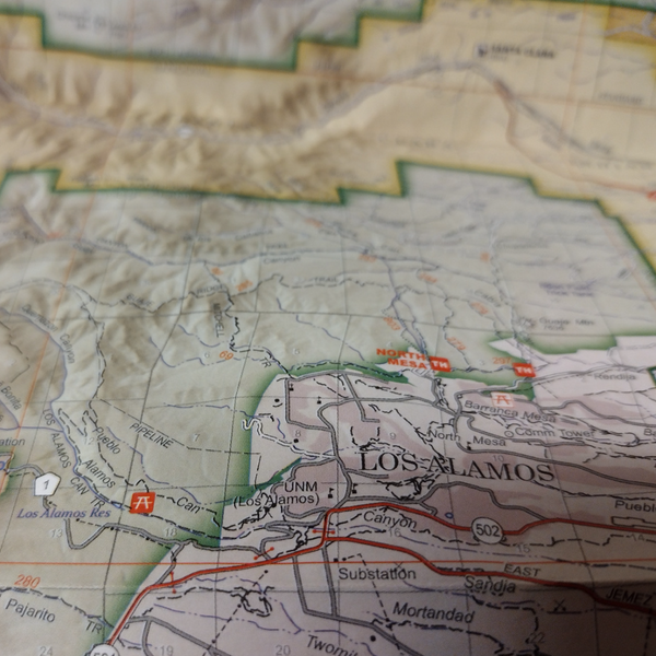 A section of a National Forest map showing trails and lands near Los Alamos, NM