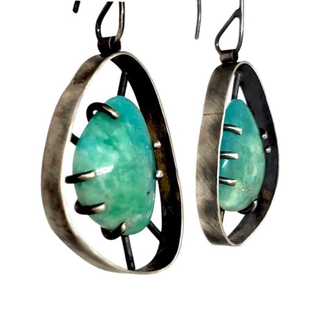 Wayfinder Teal Amazonite Earrings by Three Flames Silverworks at Bezel & Kiln Seattle WA