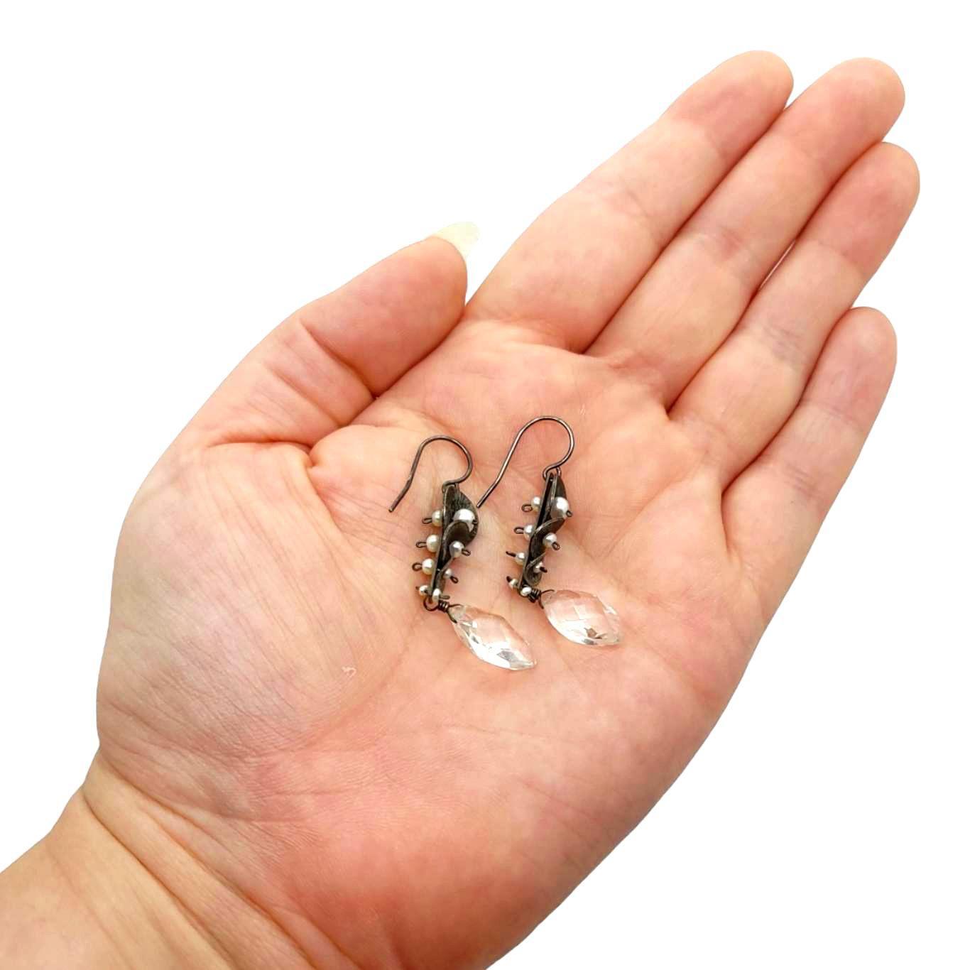 Earrings - Pearl and Silver Chip Bar with Quartz Drop by Calliope Jewelry