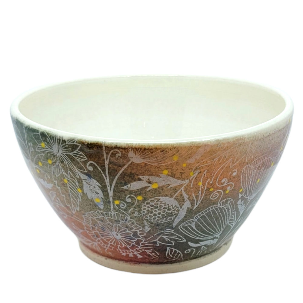Bowl – Flowers on Green and Orange with Yellow Dots by Clay It Forward